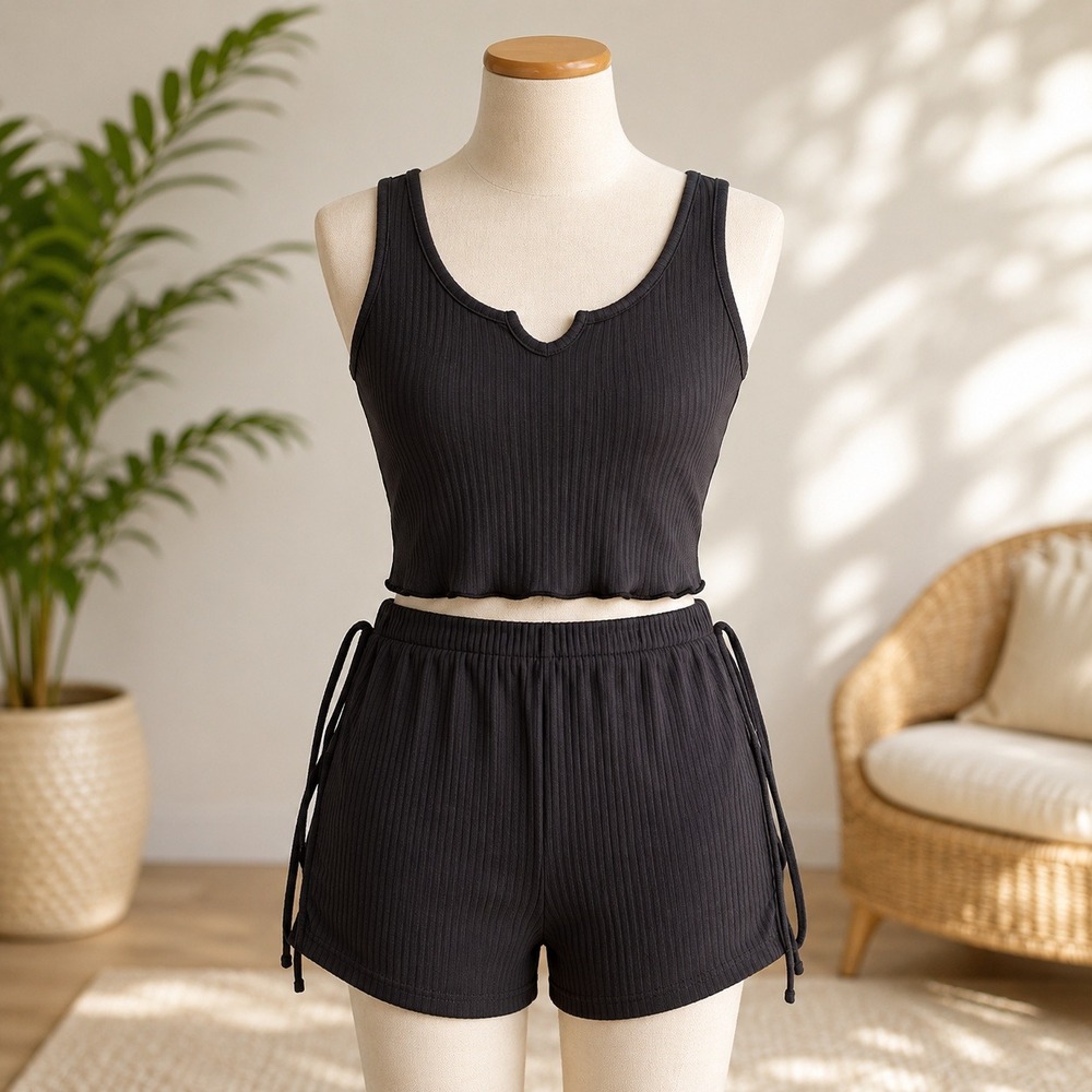 NWT Cupshe Lounge Set Womens Small‎ Gray Ribbed Crop Top Side Tie Shorts 2 Piece